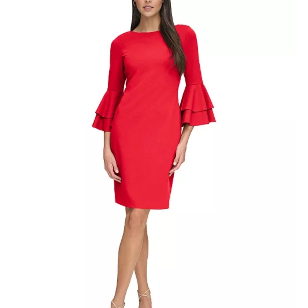 Calvin Klein Ruffled Bell Sleeve Sheath Dress Round Neck Formal Career Like New